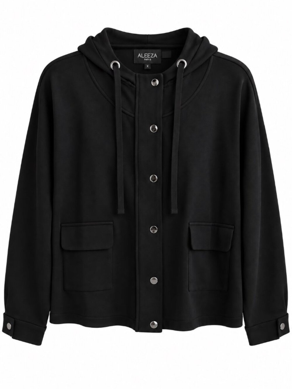 Aleeza Paris Black Hooded Snap Button Jacket With Pockets - Size Large